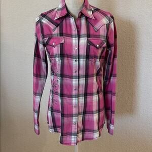 Rock 47 by Wrangler Womens Pink and Black Plaid Western Shirt Rodeo Cowgirl S